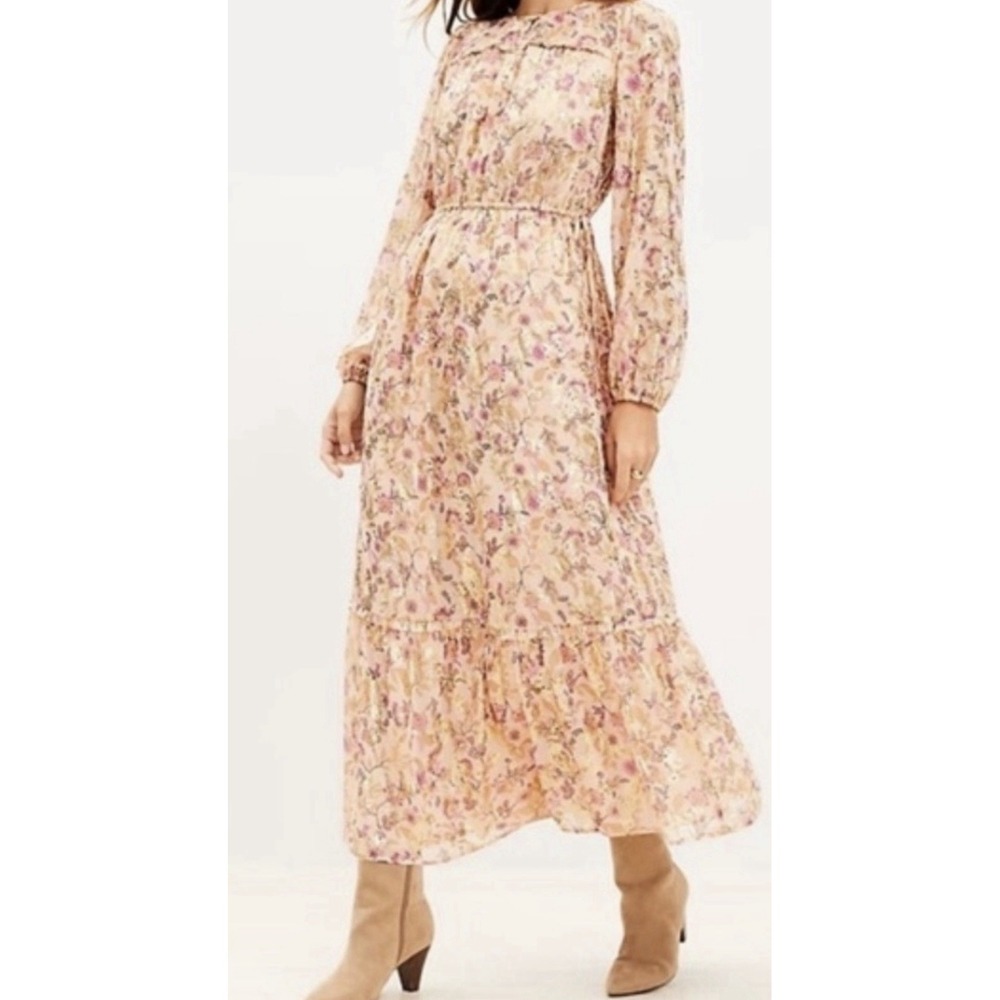 LOFT Shimmer Floral Maxi Dress XSP Petite Pink Gold Metallic Tie Waist Boho